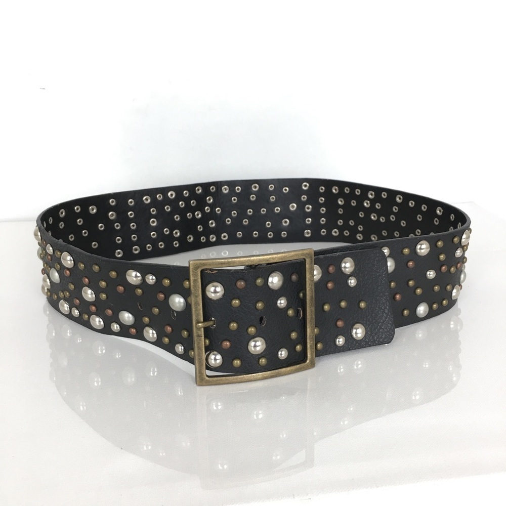 Buckle Wide Studded Statement Belt Black Faux Leather Women’s Size Large